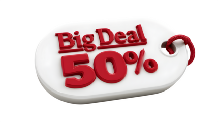 3D icon with big deal 50% off sign on white background 