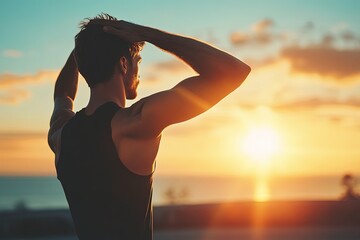 Young man stretching exercising at sunrise.