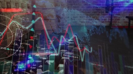 Focusing dumbbell rack panning animating world map and rising lines visualizing fitness trends - Powered by Adobe