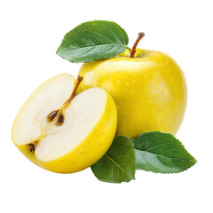 Golden Delicious Apple Still Life: Captivating close-up of a pristine, ripe Golden Delicious apple, artfully sliced to reveal its juicy core, enhanced by fresh green leaves.