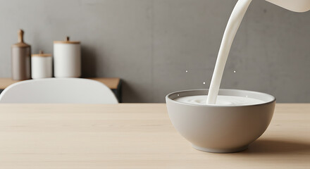 Milk gracefully cascades into gray bowl