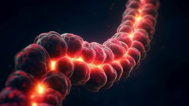 Animated colon model demonstrating progression of diverticulitis with clustered sacs becoming swollen and highlighted in bright red.