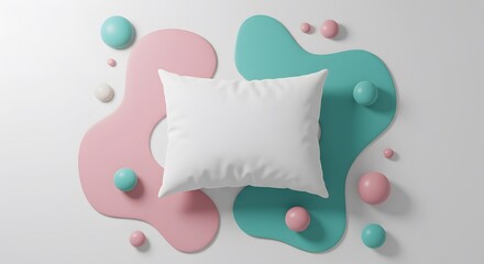A white pillow surrounded by pastel colored shapes and spheres on a white background studio shot