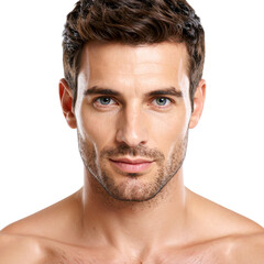 Fototapeta premium “Reflective Portrait: Man Holding Chin, Front View, Isolated”