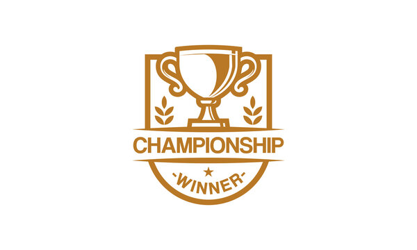 Championship logo design. Trophy emblem symbol with gold color and wheat icon for best tournament. Sport vector template