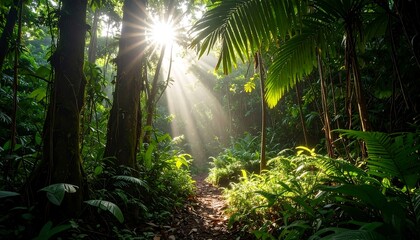 Sunlight streams through lush rainforest