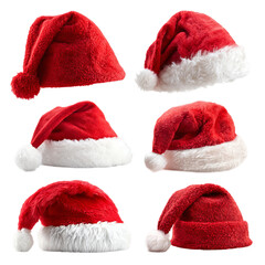 Festive Santa Hats: A collection of classic red Santa hats, evoking the spirit of holiday celebrations. With their fluffy white trim and iconic design.