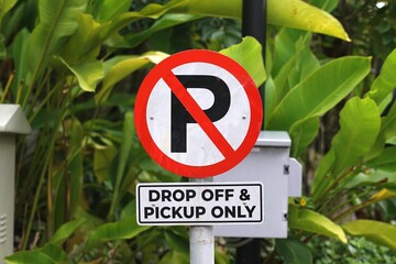 No parking sign allowing drop off and pickup only, displayed on a pole amidst vibrant green...