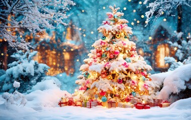 A beautifully decorated Christmas tree shines brightly in a snowy garden surrounded by presents and illuminated by vibrant lights against a winter evening backdrop