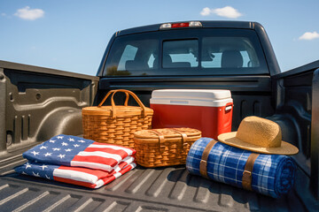 A Picnic Setup with a Folded American Flag Blanket, Wicker Baskets, a Cooler, and a Straw Hat, Arranged in the Bed of a Pickup Truck, Representing a Patriotic Holiday Celebration, a Summer Road Trip
