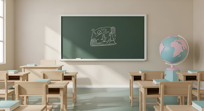 Classroom Interior with Chalkboard Drawing and Globe