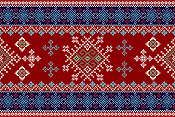 Geometric Ethnic fabric pattern on blue background cultural, aztec, trical, wallpaper, silk, textile, vector illustration design