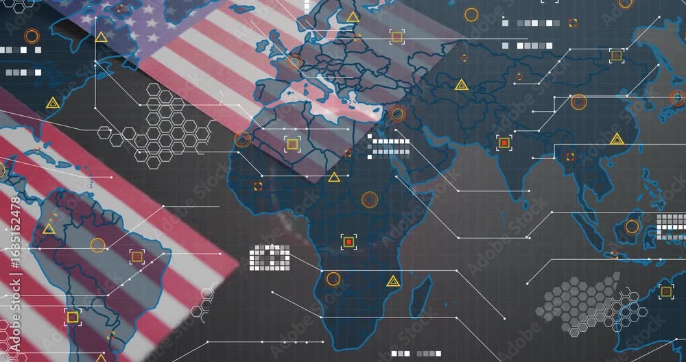Aufkleber us flag panel appearing top-left sliding diagonally and rotating over world map showing hotspots