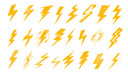 Сrayon lightning icons set. Energy, power and speed symbol with grunge texture. Storm flash vector illustration