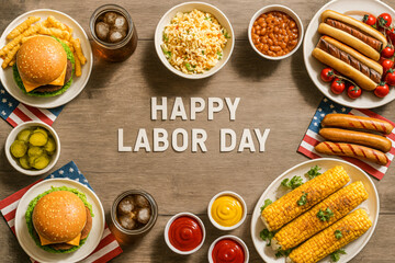 Overhead Flat-Lay Photo of a Delicious Picnic Spread with Hamburgers, Hot Dogs, Corn on the Cob Arranged Around the Text 'HAPPY LABOR DAY', Featuring American Flags and Condiments on a Wooden Table
