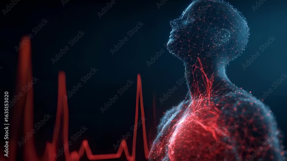 Poster sideprofile animation of a figure rising with overlay graphics tracking unstable heart rate and impa