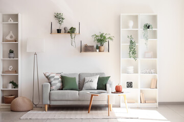 Cozy sofa, coffee table, shelving units and floor lamp in interior of living room