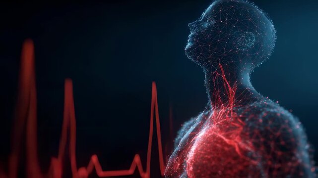 Sideprofile animation of a figure rising with overlay graphics tracking unstable heart rate and impaired vessel adjustments.