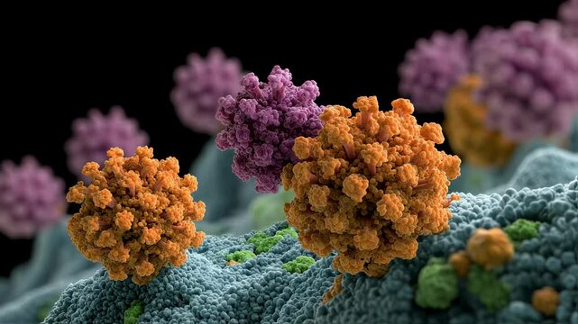 Highresolution digital model of viral envelope spikes docking onto bronchial cell surfaces representing viral entry via ACE2 binding.