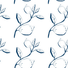 Seamless hand drawn lemon branch pattern in modern blue and white color scheme for fabric and packaging