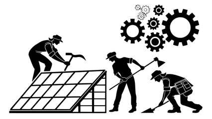 "Stylized black silhouette illustrations of technicians and engineers working on solar panel systems, portrayed with tools and teamwork in mind, in a minimalist and symbolic format."
