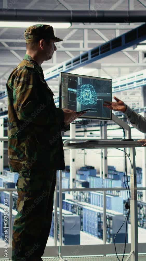 Poster vertical video server room army experts deploy ai tech to modernize defense infrastructure. military