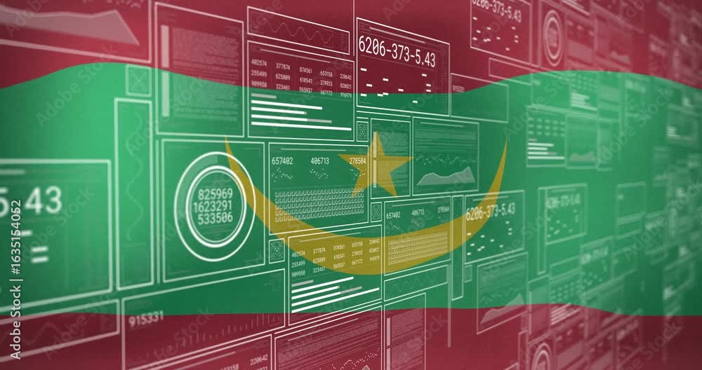 Poster opening on mauritania flag fluttering as panels sliding, codes updating, visualizing data