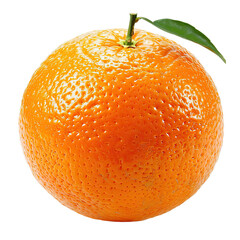 Close-up of a whole, fresh orange.  Bright, round citrus fruit with a slightly rough texture.  Small, green leaf attached to stem.  Isolated against black background