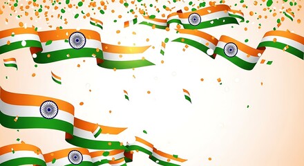 Festive Cascade of Waving Indian Flag Ribbons and Confetti.