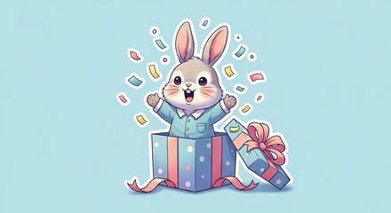 A cheerful cartoon rabbit pops out of a gift box amid floating confetti