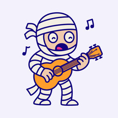 Cute Mummy Playing Guitar Halloween Cartoon Illustration