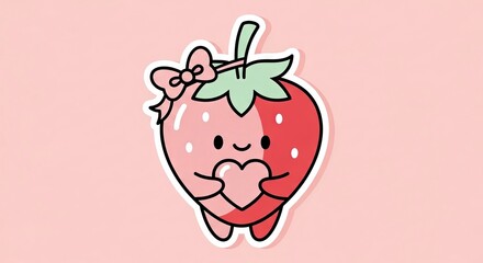 A cute strawberry sticker with a bow is holding a heart on a light pink background