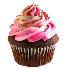 A vibrant cupcake topped with swirls of pink and beige frosting,  sprinkled with colorful candies
