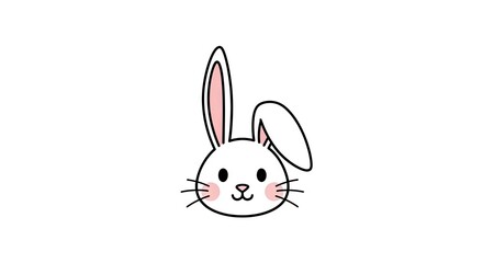 A simple cartoon drawing of a white rabbits face with one ear up and one flopped over