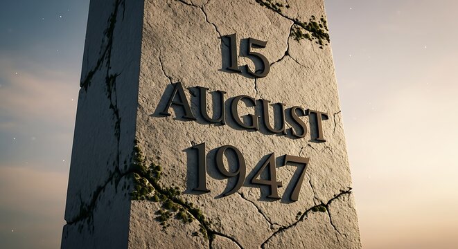 Solemn Monument to Freedom 15 August 1947 on a Cracked Weathered Stone Obelisk.