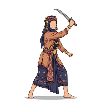 The character is dressed in authentic and ornate traditional Acehnese warrior attire, featuring a hijab combined with a decorated headband, a layered tunic, and trousers/cloth 