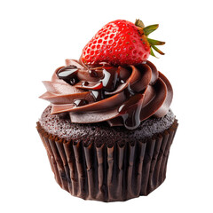 Chocolate cupcake with strawberry.  A rich, dark chocolate cupcake, topped with swirls of decadent chocolate frosting.  A fresh, red strawberry sits atop, drizzled with dark chocolate