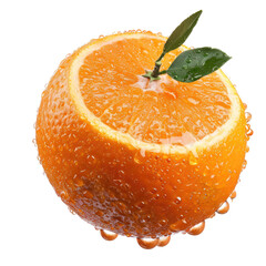 Close-up of a juicy orange, sliced open, with water droplets