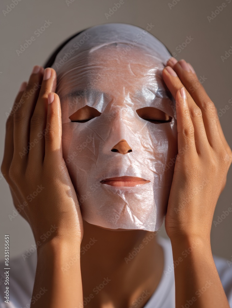 Poster model applying sheet mask with hands visible in a minimalist setting during a self-care routine