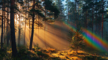 Obraz premium Golden forest sun rays with vibrant rainbow beam at dawn