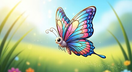 Cartoon butterfly with colorful wings set against a green field and sky