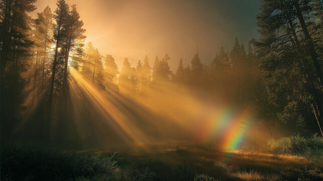 Sunbeams with subtle rainbow glow in misty pine forest - Powered by Adobe