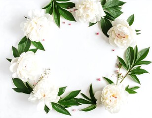 Elegant white peonies and greenery arranged in a circular frame