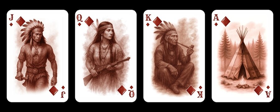 Set of playing cards of the suit of diamonds for a deck of cards in the style of the Wild West. Vintage monochrome illustration set for the design of playing cards in a Western setting.