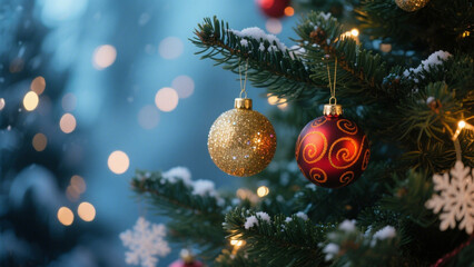 A beautifully composed Christmas scene showcasing a richly adorned evergreen tree with sparkling ornaments. Christmas, Christmas Tree, Merry Christmas, Christmas Background, Christmas Lights