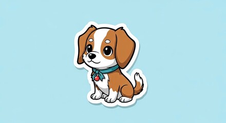 Cartoon puppy with brown and white fur a blue scarf and big eyes sitting against a light blue background