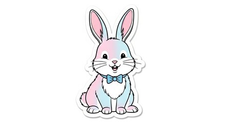Cartoon rabbit sticker with pink  blue fur wearing a bow tie