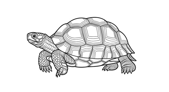 Detailed monochrome illustration of a Galapagos tortoise with intricate shell pattern