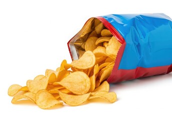 Photo of bag of potato chips spilling out onto a white background, isolated on white background