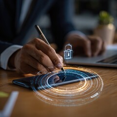 Businessperson signs digital document on phone. Holographic security lock icon appears